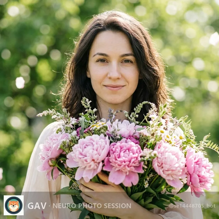 Фотосессия с букетом — кадр с пионами по селфи